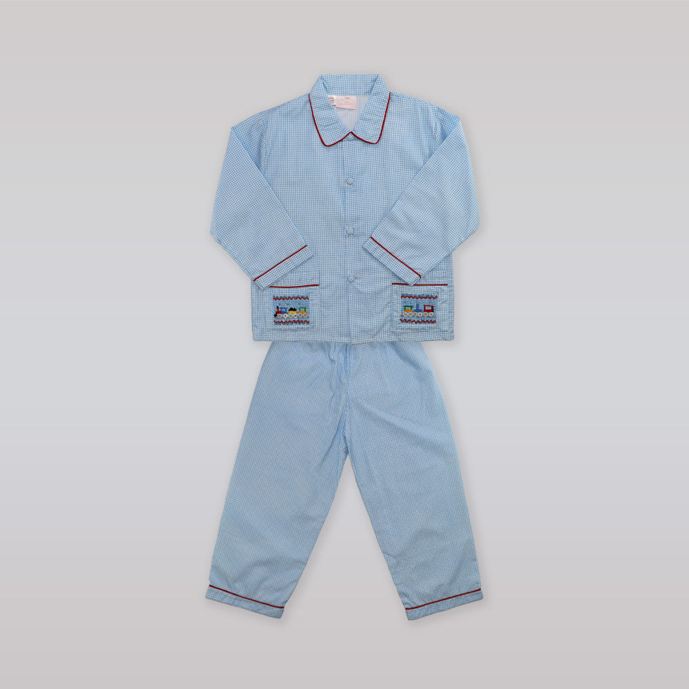 Annafie London Boys Blue Car Hand Smocked Cotton Pyjamas