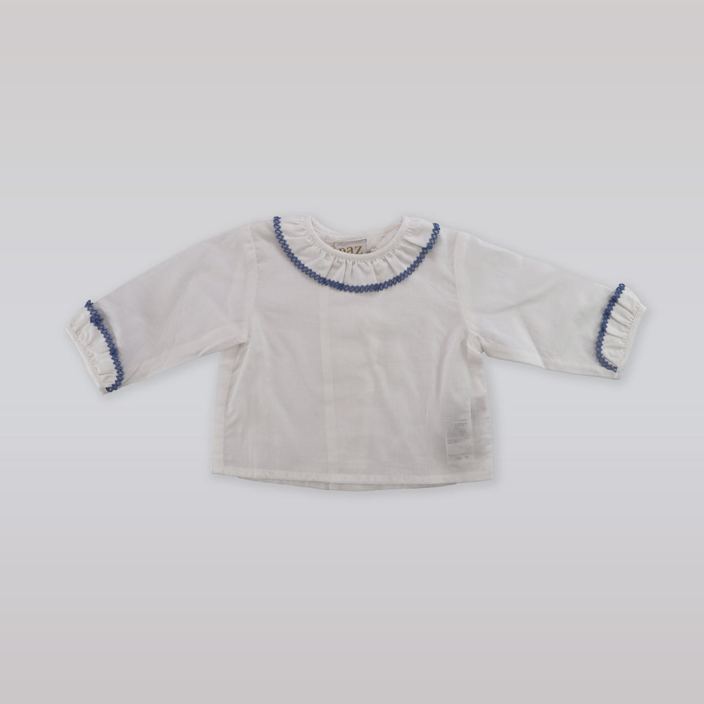 Paz Rodriguez Baby White Cotton Blouse with Blue Trim Detail