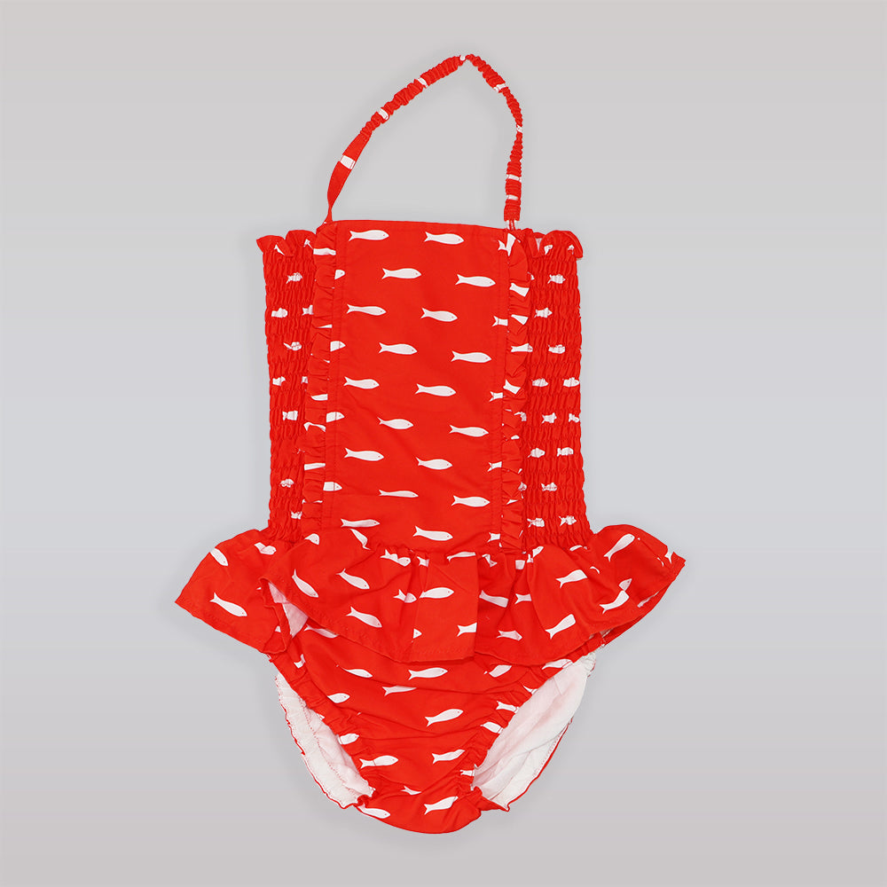 Rachel Riley Girls Red Fish Print Ruched One Piece Swimsuit