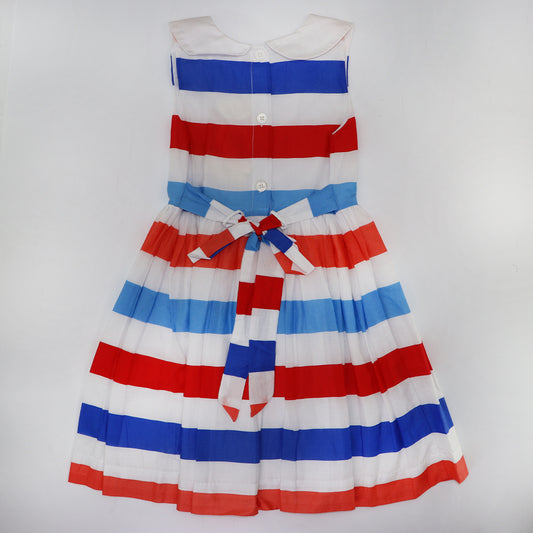 Rachel Riley Girls Blue Stripe Sleeveless Cotton A-Line Party Dress