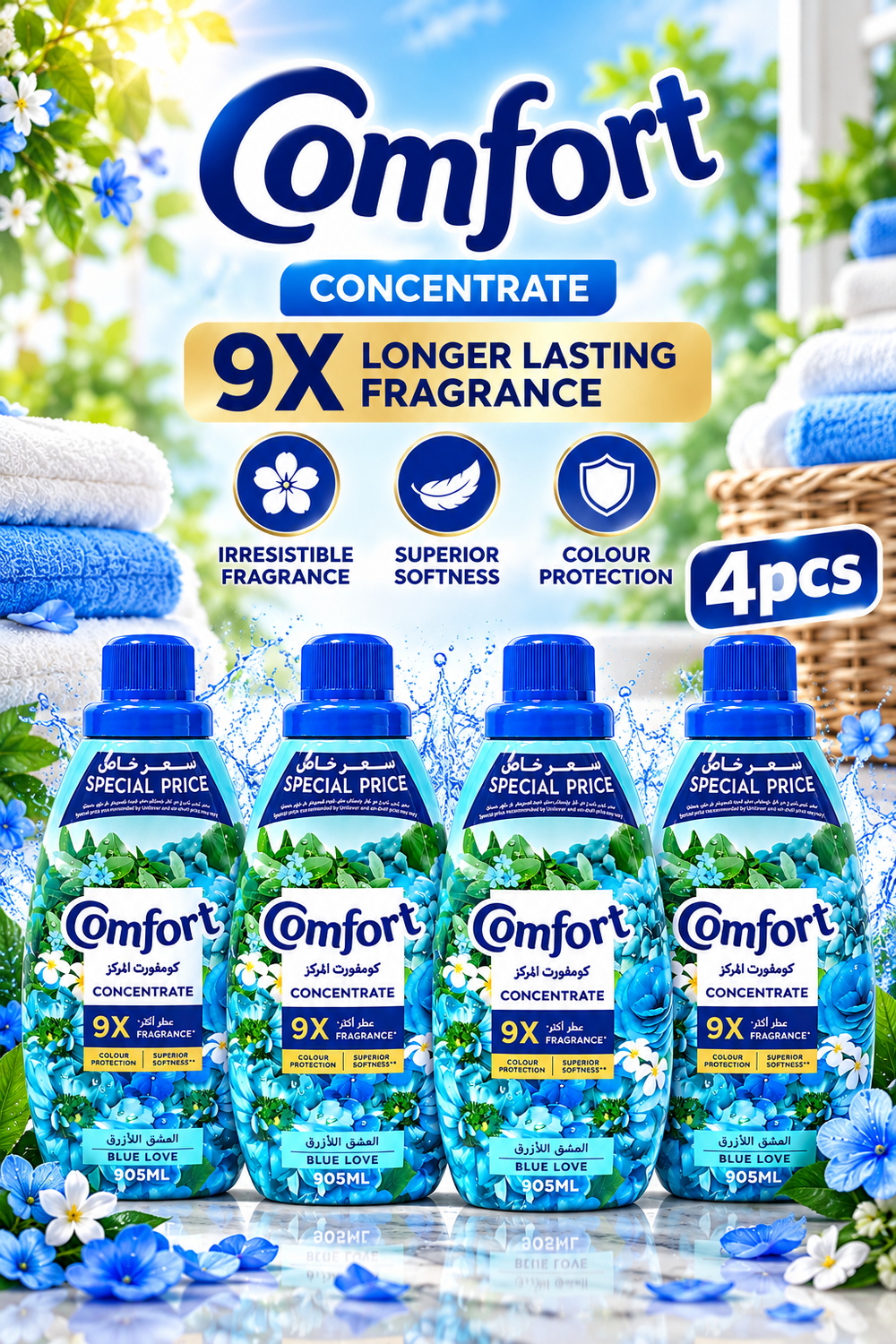 Comfort Concentrated Blue Love Fabric Softener 905ml – Long-Lasting Freshness 4pcs