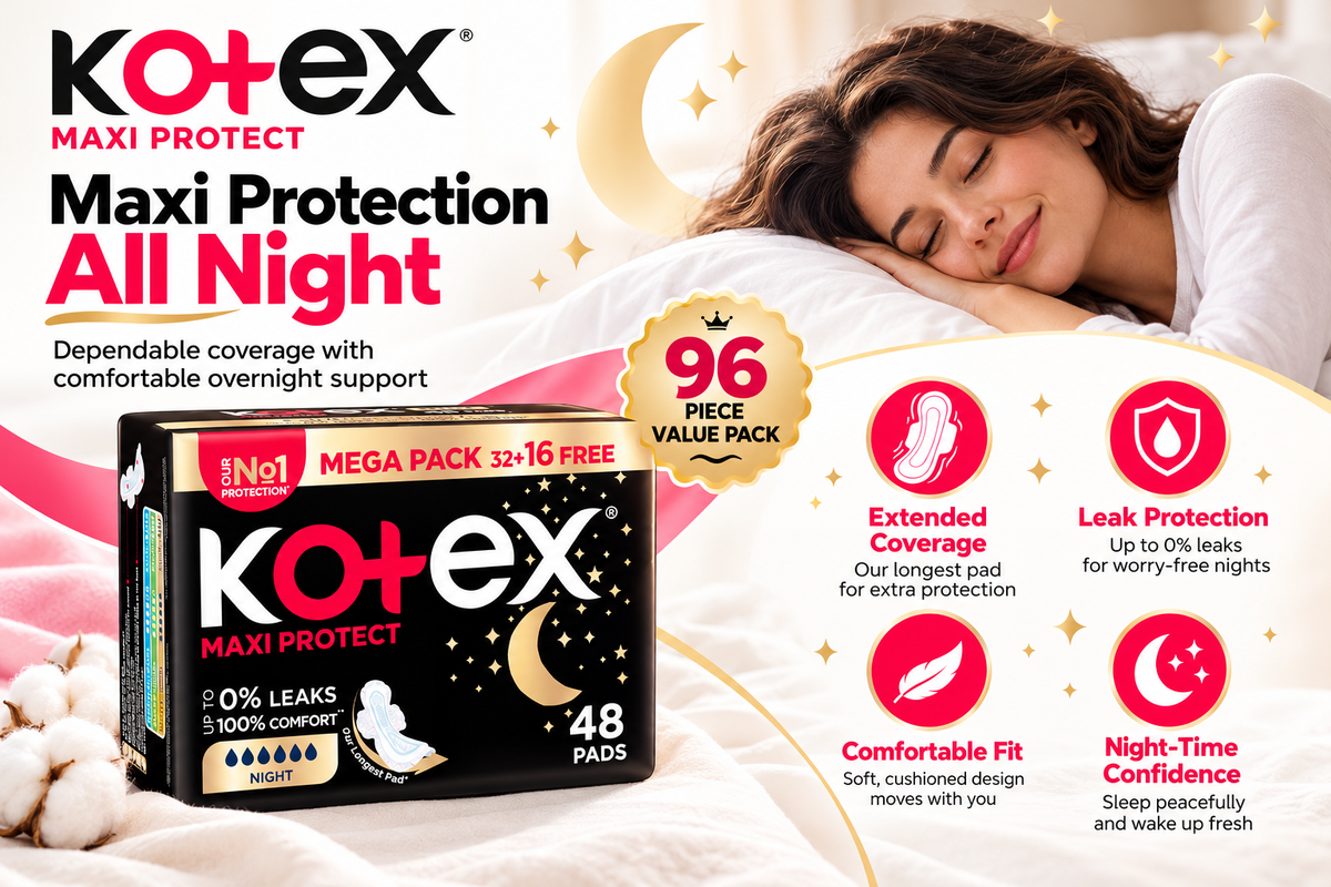 Kotex Maxi Protect Night Sanitary Pads – 2pack 96Pcs