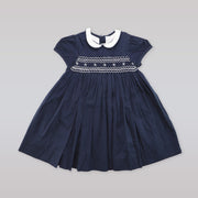Annafie London Navy Blue Smocked Snowflake Embroidery Girls Dress