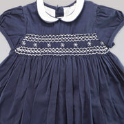 Annafie London Navy Blue Smocked Snowflake Embroidery Girls Dress