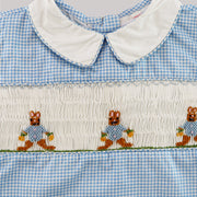 Annafie London Blue Checked Cotton Romper with Hand Smocked Rabbit