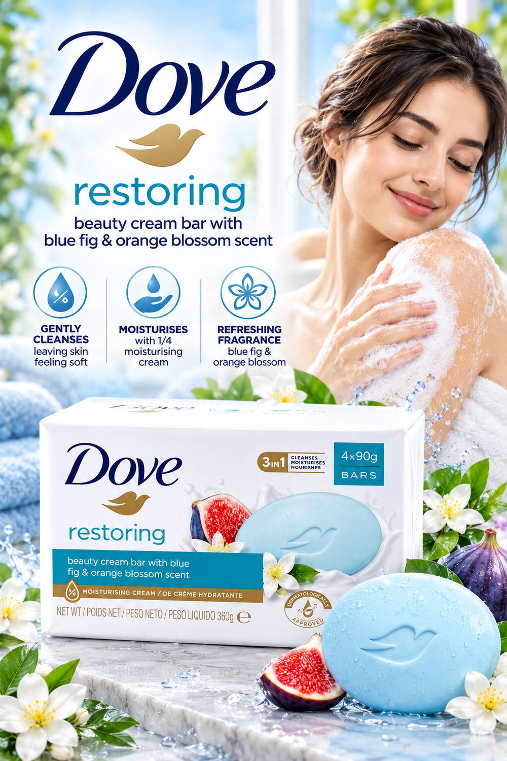 Dove Restoring Soap 90g – Soft, Smooth & Nourished Skin 4pcs