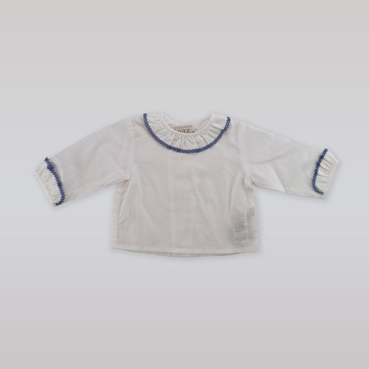 Paz Rodriguez Baby White Cotton Blouse with Blue Trim Detail