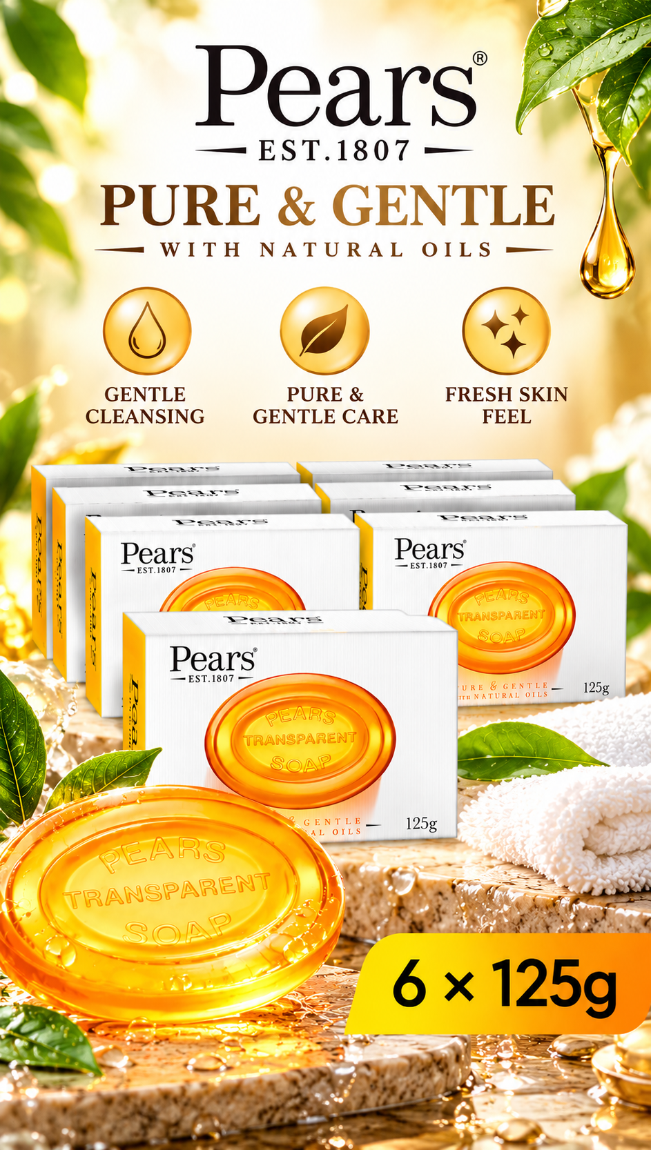 Pears Gentle Cleansing Soap 125g x 6pcs – Mild Daily Skin Care