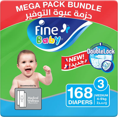 Fine Baby Diapers Size 3 Medium (4-9 kg) | Mega Value Pack (2 x 84 Count / 168 Diapers)