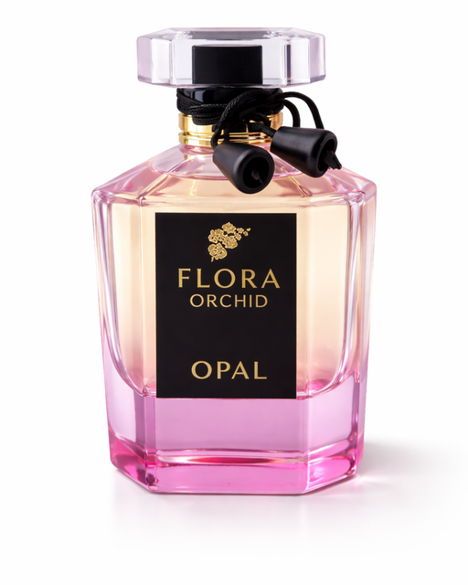Pink Flora Orchid Opal perfume bottle on a white background