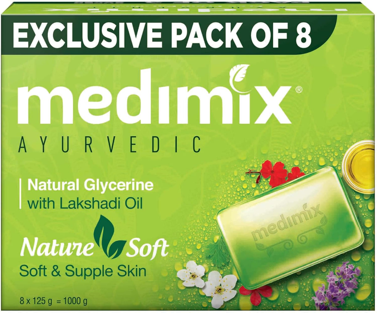 Medimix Ayurvedic Natural Glycerine & Lakshadi Oil Bathing Bar - 125g (Pack of 8)