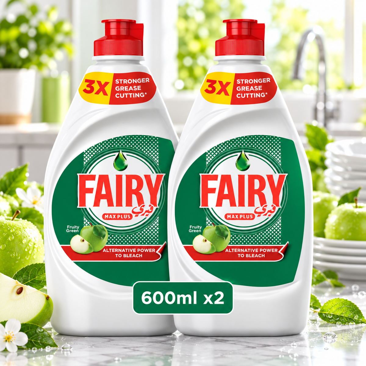 Fairy Dishwashing Liquid Soap - Green Apple Scent (Dual 600ml Value Pack)