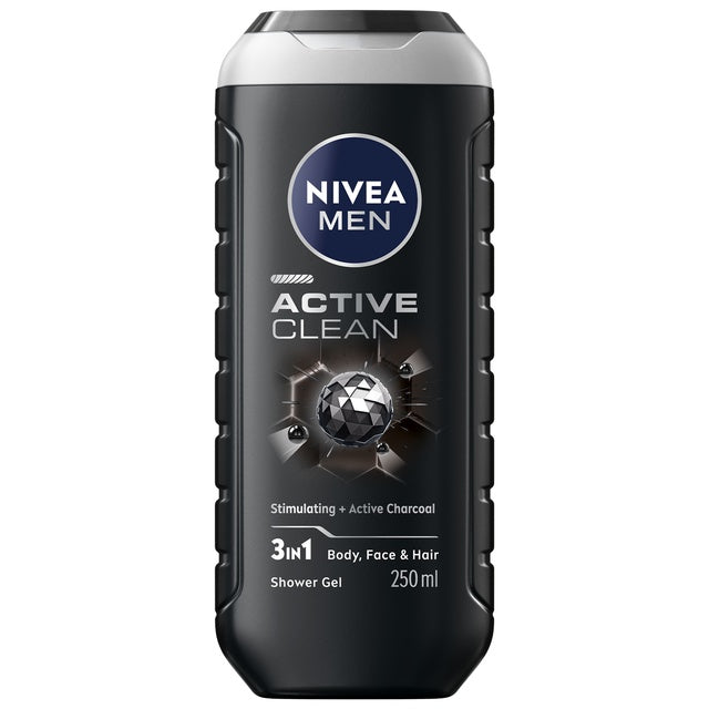 Nivea Men Active Clean 3in1 Shower Gel Cleans Body Face and Hair with Active Charcoal, 250 ml