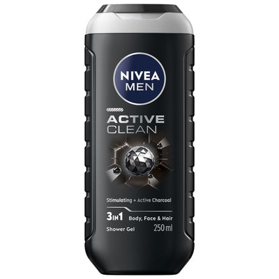 Nivea Men Active Clean 3in1 Shower Gel Cleans Body Face and Hair with Active Charcoal, 250 ml