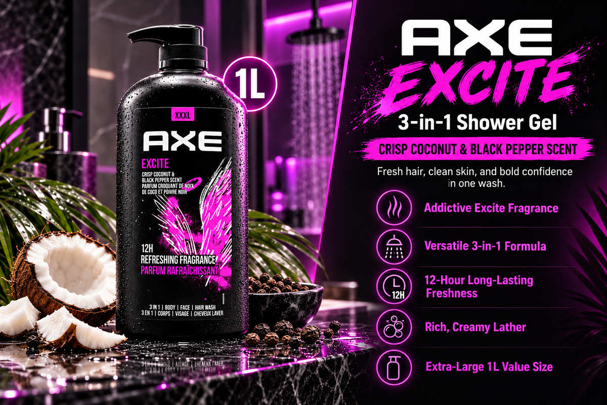 Axe Excite Daily Fragrance Cleanser for Hair, Face and Body - 1L Bottle
