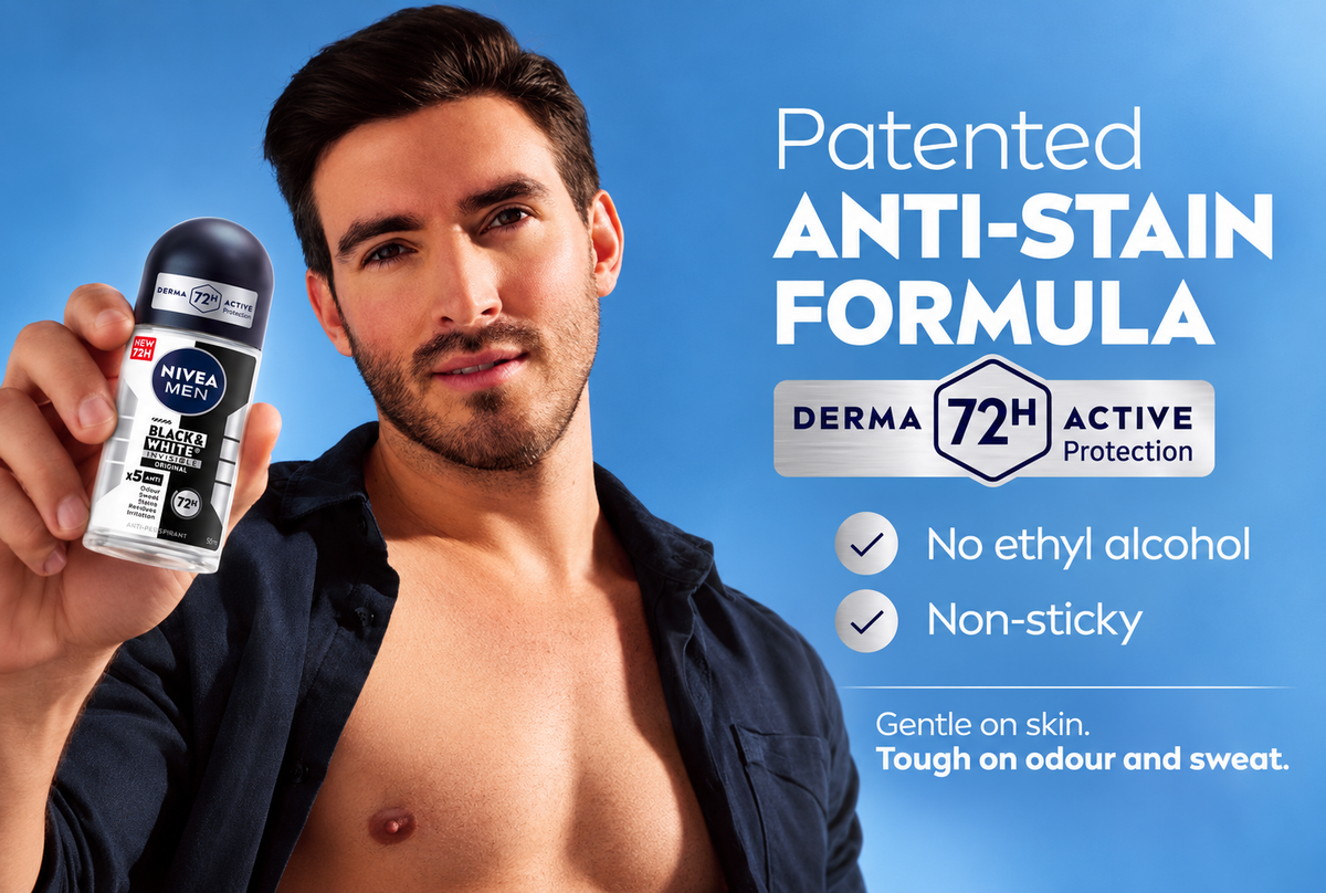 Nivea Men Black & White Invisible Antiperspirant Roll-On Deodorant Original 72H Active Protection 50 ml