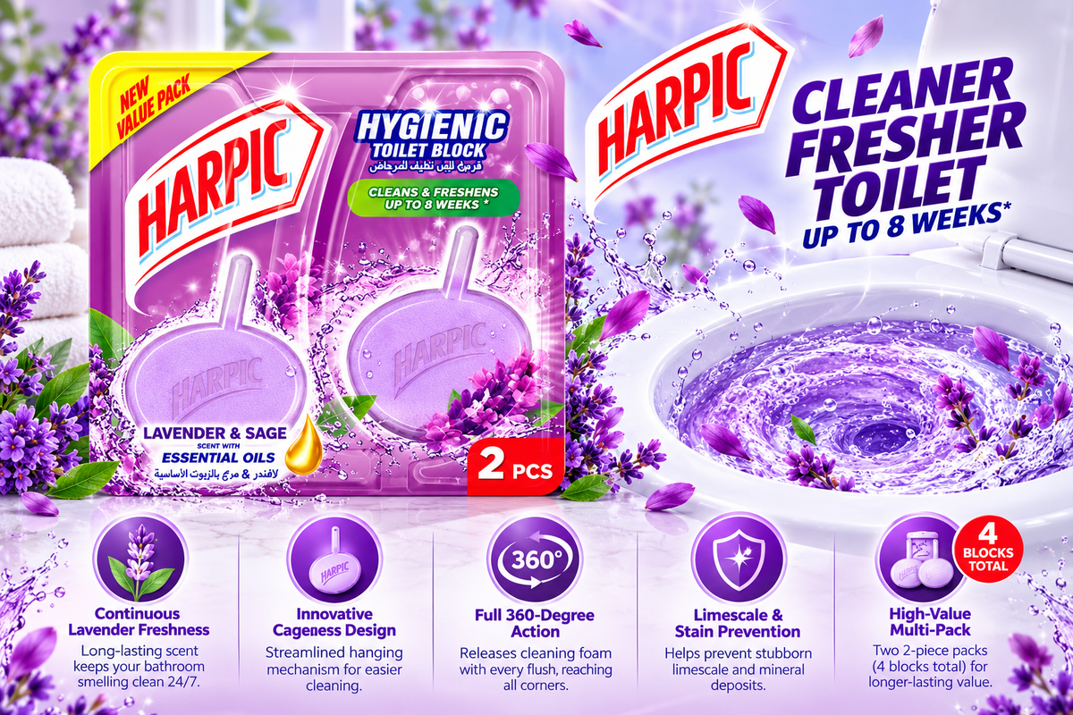 Harpic Lavender Hygiene Cageless Toilet Block | 2-Piece Pack (2 Packs Total)