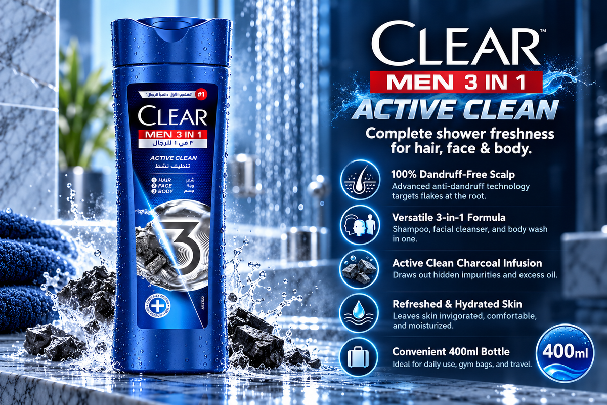 Clear Men 3-in-1 Active Clean Shampoo for Hair, Face & Body | 400ml