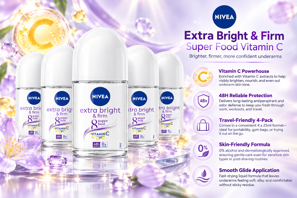 NIVEA Extra Brightening Underarm Roll-On Deodorant | 4 x 25ml
