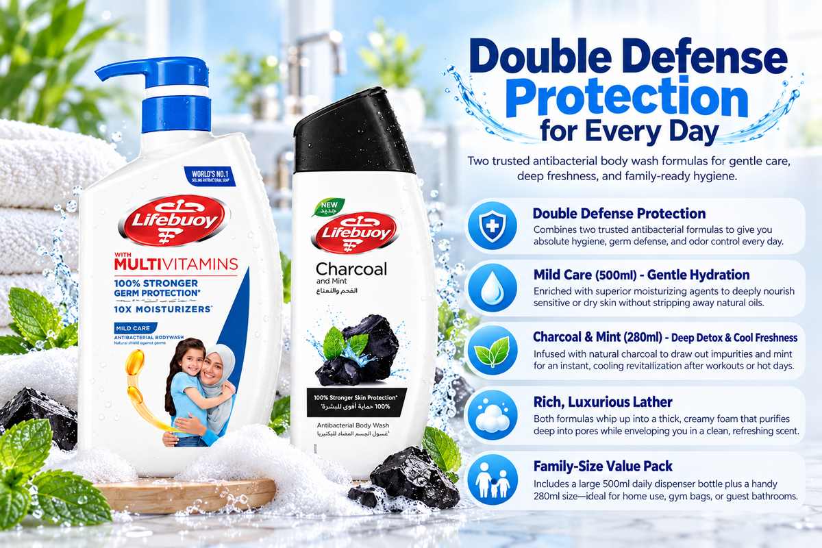 Lifebuoy Antibacterial Body Wash Duo Pack | Mild Care 500ml & Charcoal & Mint 280ml