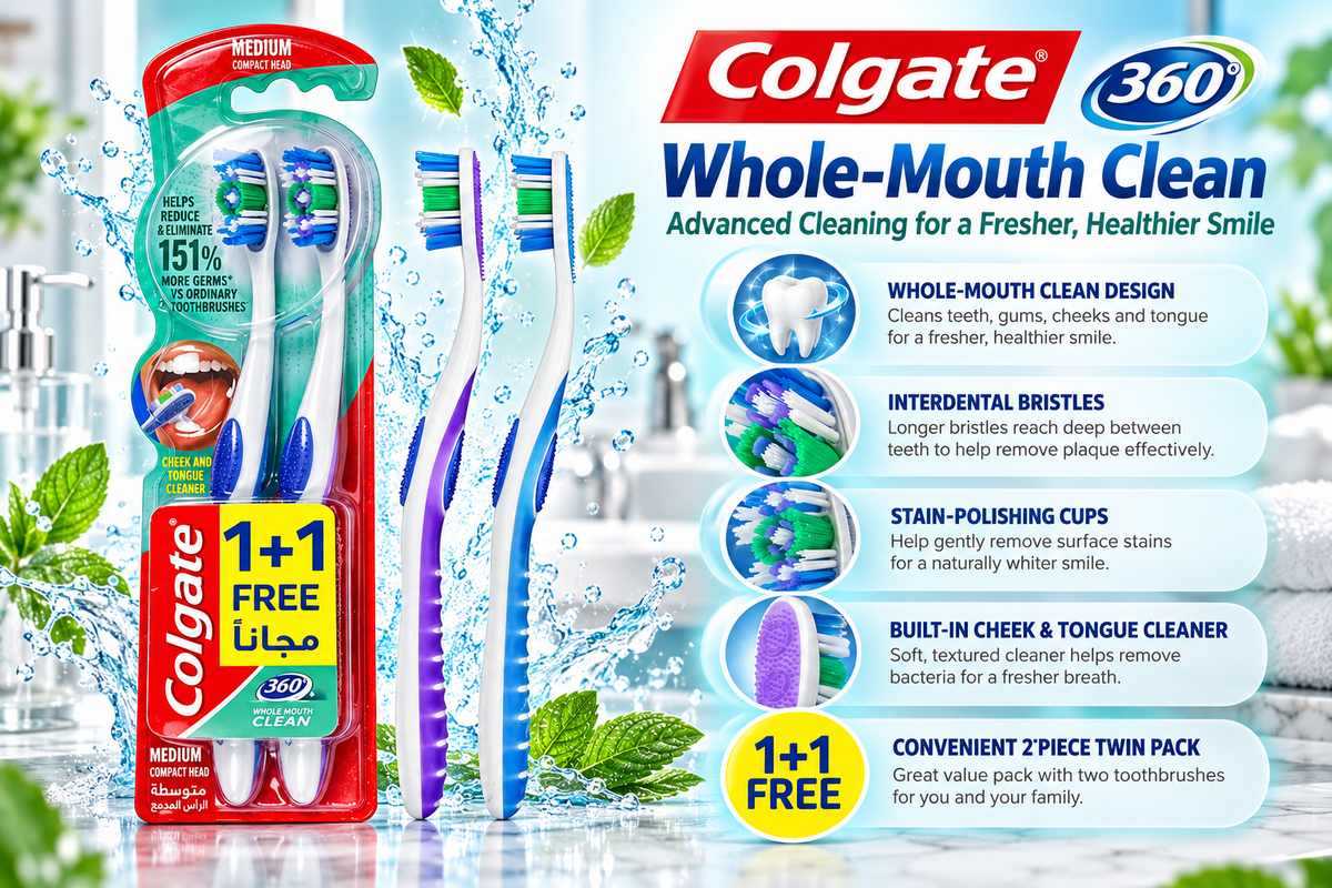 Colgate 360 Degree Whole Mouth Clean Manual Toothbrush - Medium (2 Pack)