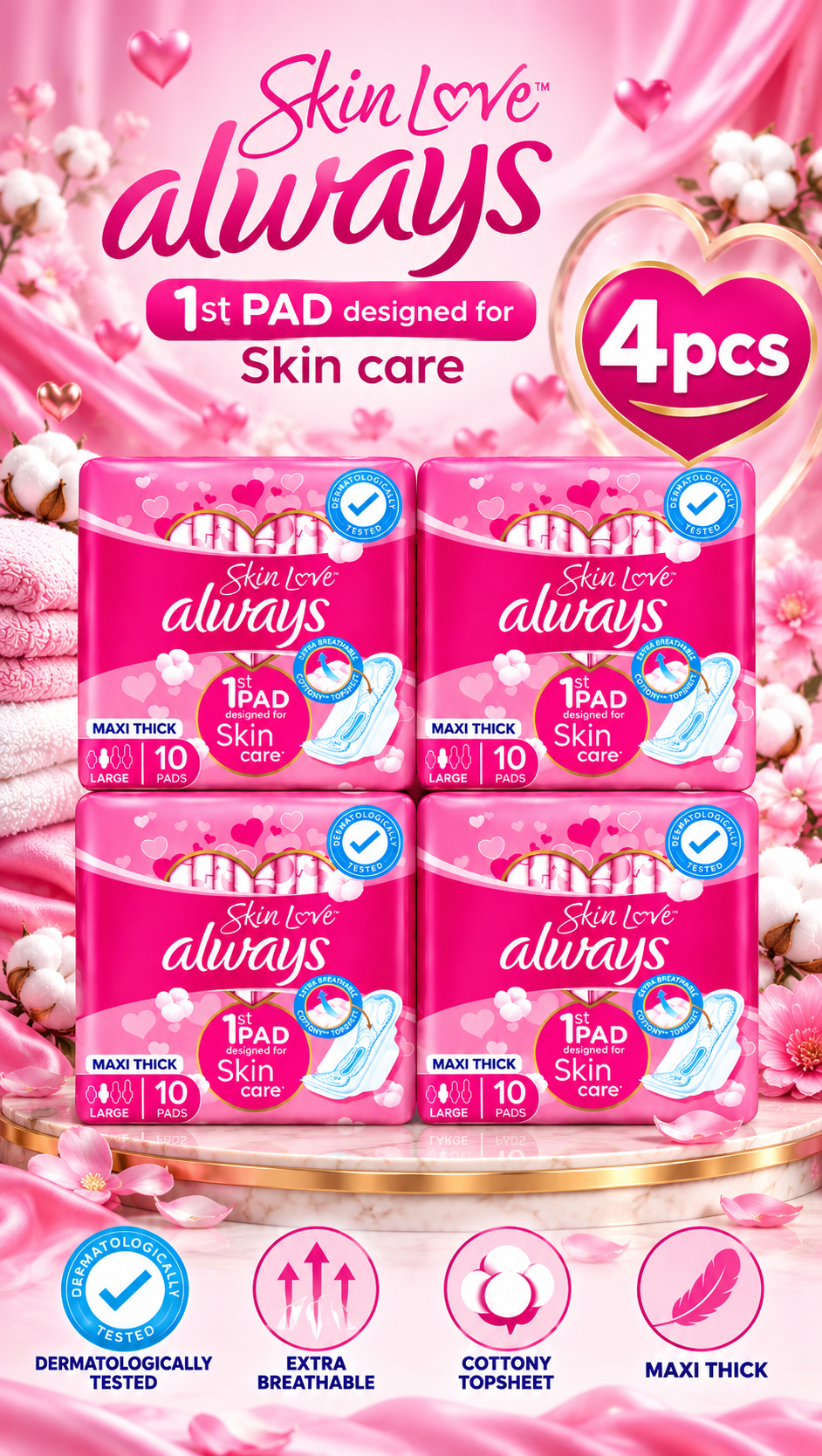 Always Maxi Thick Pads Pink – 10 Pads Pack x 4packs