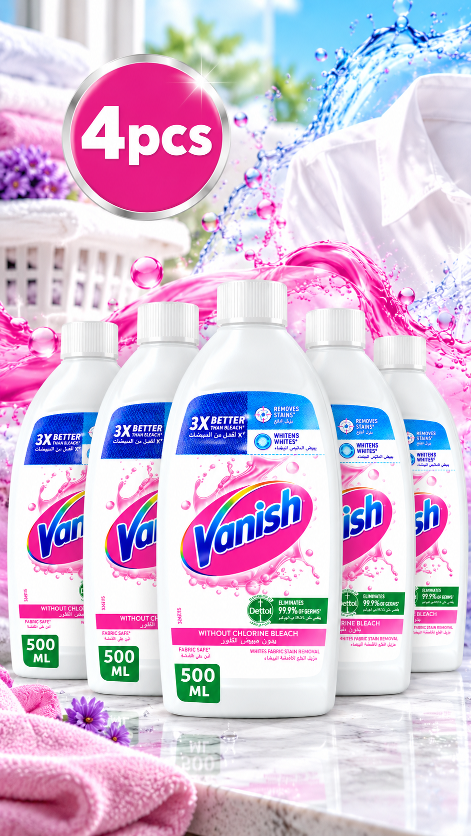 Vanish White Liquid Stain Remover 495ml x 4pcs  – Powerful Laundry Care