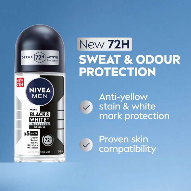 Nivea Men Black & White Invisible Antiperspirant Roll-On Deodorant Original 72H Active Protection 50 ml