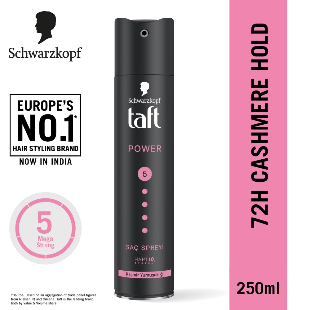 Schwarzkopf TAFT Power Hold 5 Hair Spray for Heat Protection, Cashmere like Softness for Dry - 250Ml.
