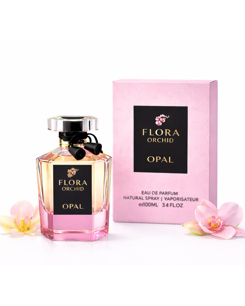 Flora Orchid Opal perfume bottle and packaging on a white background with pink flowers.
