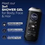 Nivea Men Active Clean 3in1 Shower Gel Cleans Body Face and Hair with Active Charcoal, 250 ml