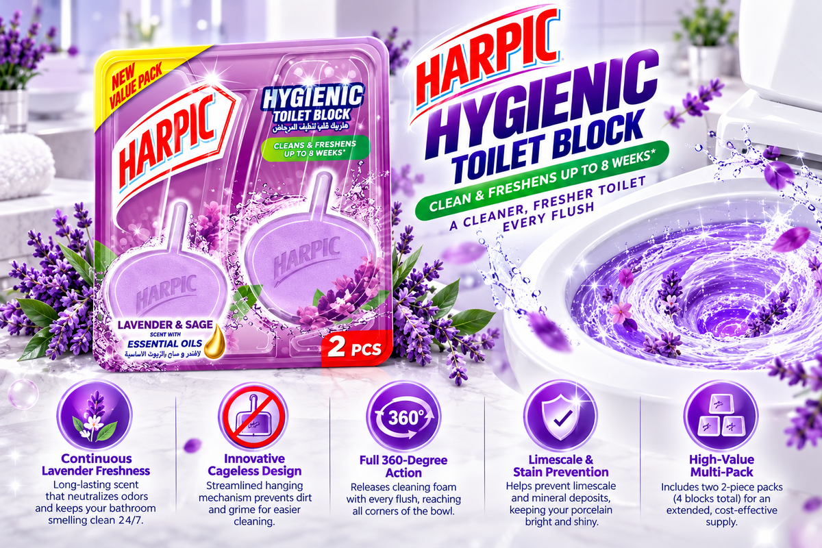 Harpic Lavender Hygiene Cageless Toilet Block | 2-Piece Pack (2 Packs Total)