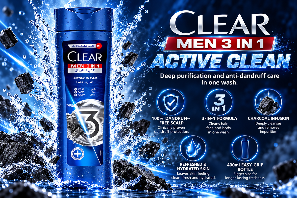 Clear Men 3-in-1 Active Clean Shampoo for Hair, Face & Body | 400ml