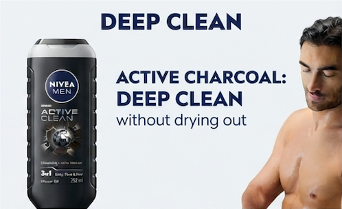 Nivea Men Active Clean 3in1 Shower Gel Cleans Body Face and Hair with Active Charcoal, 250 ml
