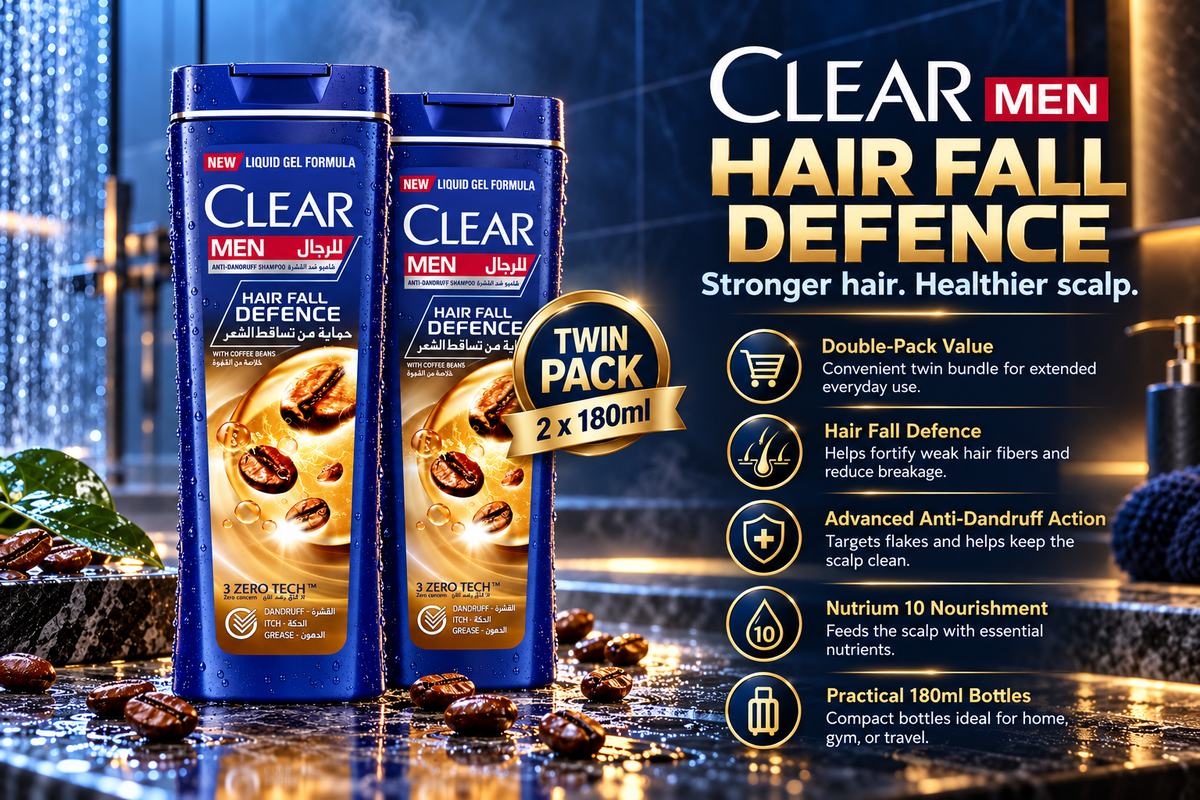 Clear Men Hair Fall Defence Anti-Dandruff Shampoo | Twin Pack (2 x 180ml)