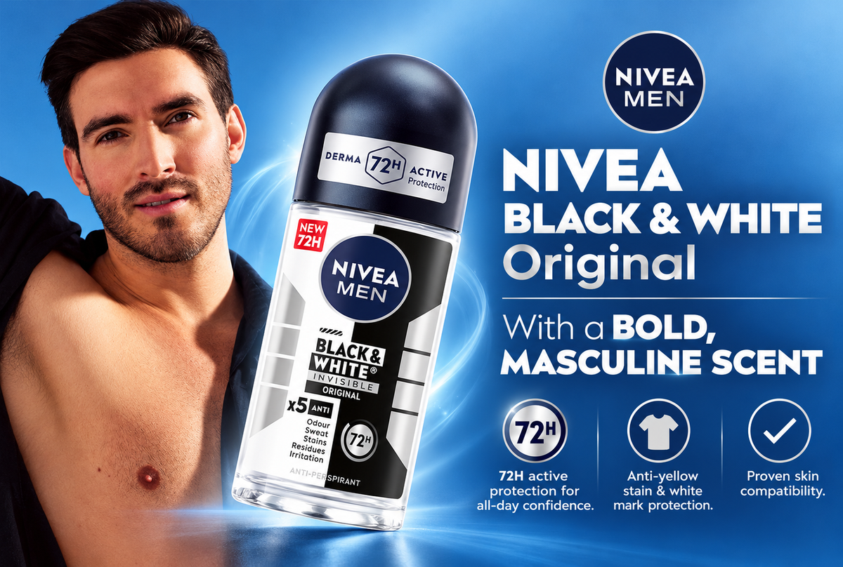 Nivea Men Black & White Invisible Antiperspirant Roll-On Deodorant Original 72H Active Protection 50 ml