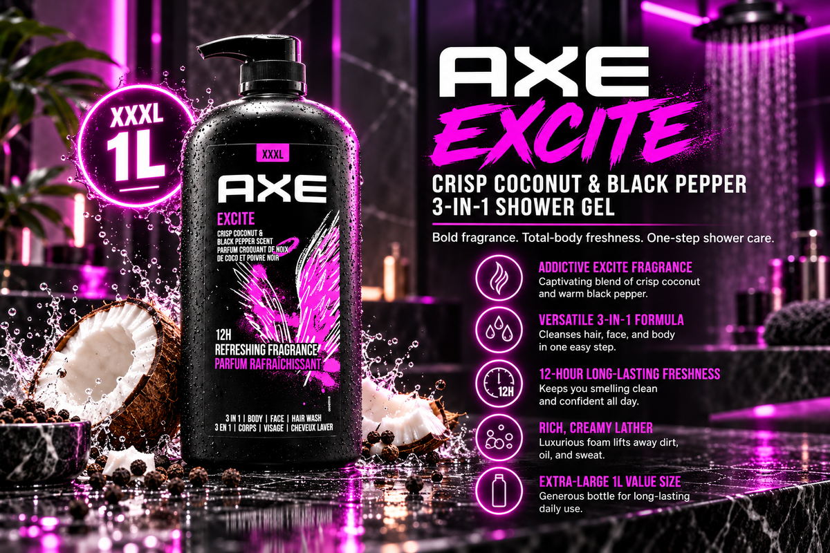 Axe Excite Daily Fragrance Cleanser for Hair, Face and Body - 1L Bottle