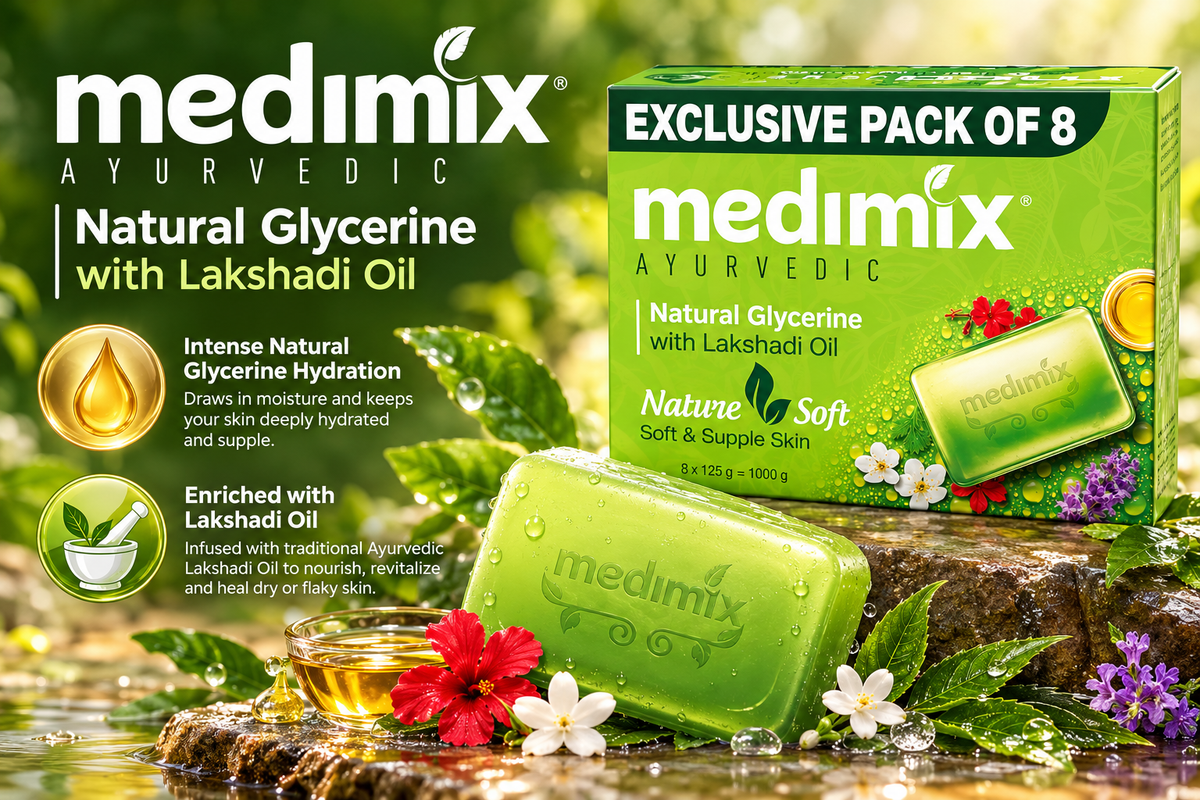 Medimix Ayurvedic Natural Glycerine & Lakshadi Oil Bathing Bar - 125g (Pack of 8)
