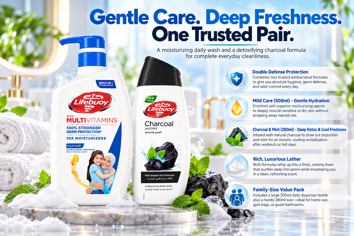 Lifebuoy Antibacterial Body Wash Duo Pack | Mild Care 500ml & Charcoal & Mint 280ml