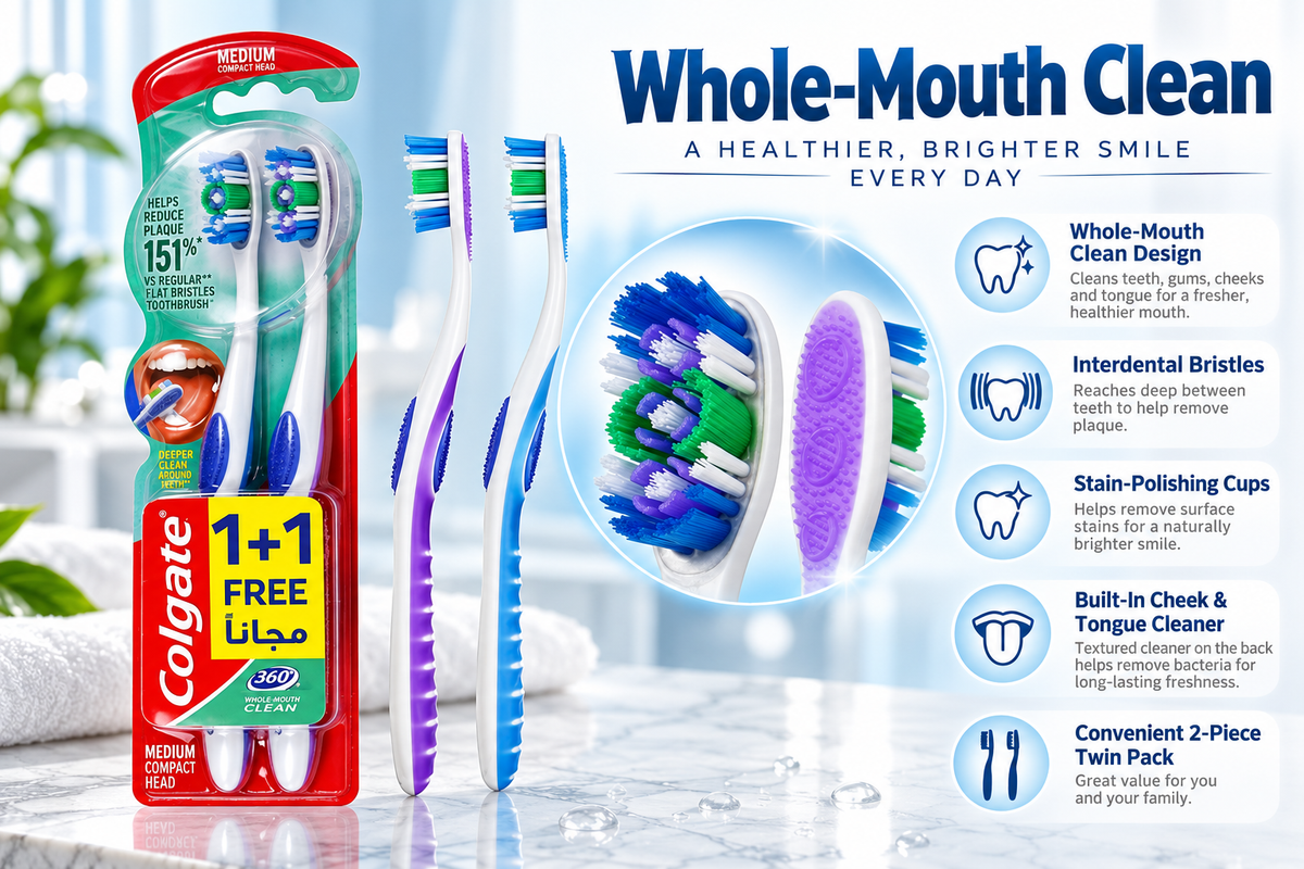 Colgate 360 Degree Whole Mouth Clean Manual Toothbrush - Medium (2 Pack)