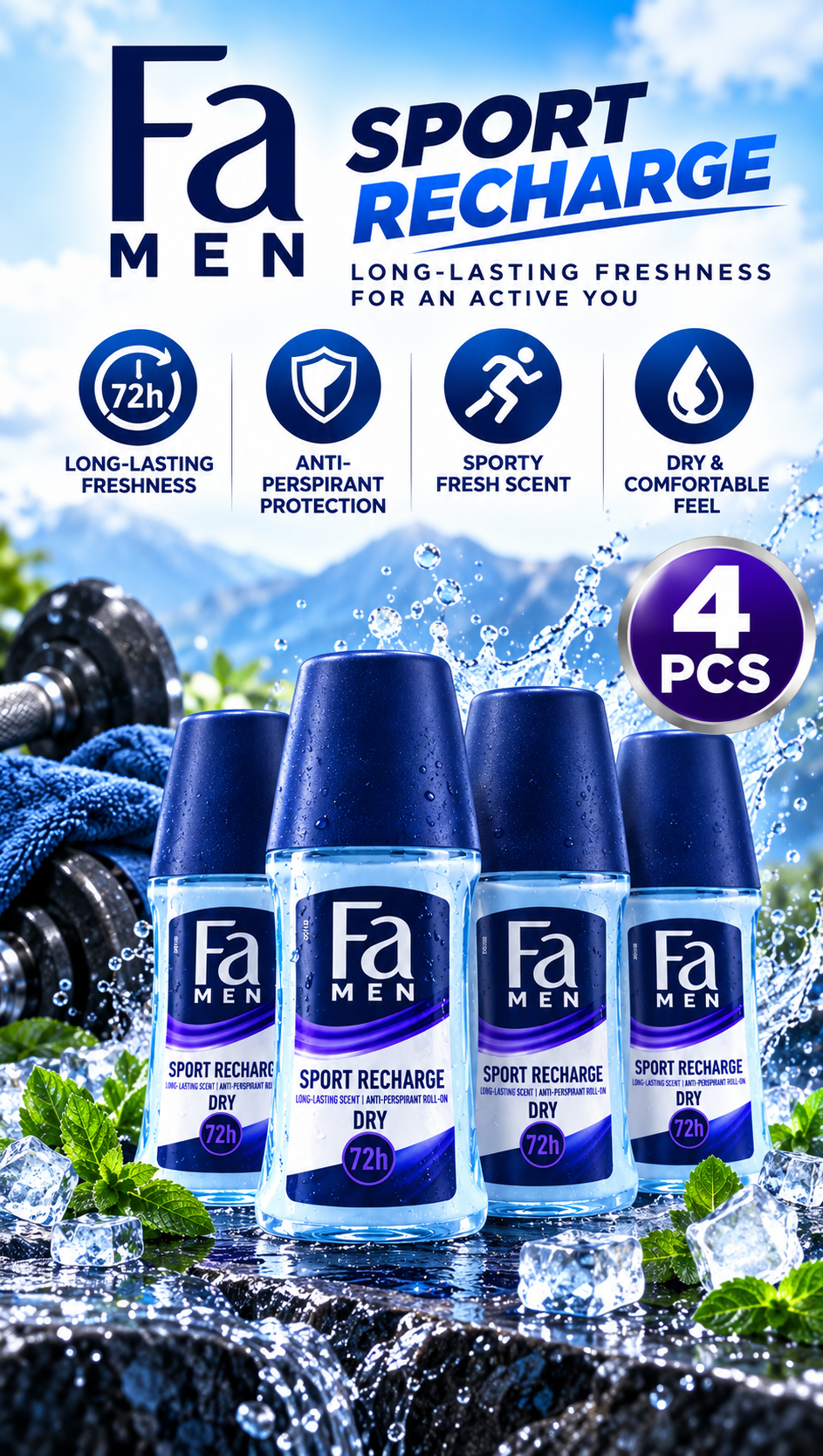 Fa Sport Recharging 50ml x 4pcs  – Daily Deodorant Roll-On