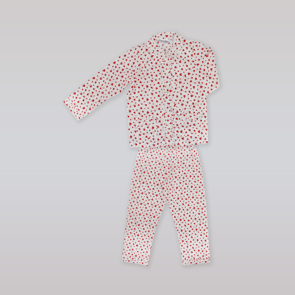 Rachel Riley Girls Red Heart Print Frill Trim Cotton Pyjamas