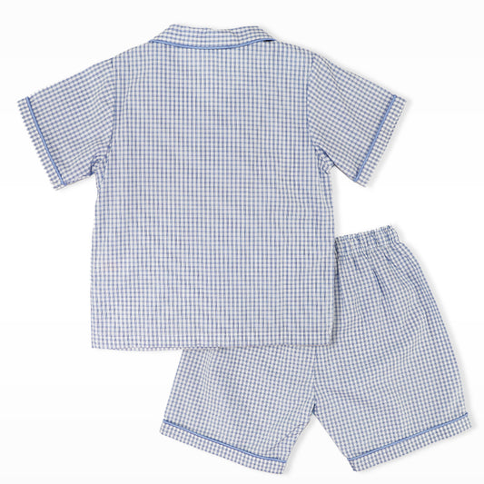 Rachel Riley Boys Blue Gingham Short Sleeve Cotton Pyjama Set