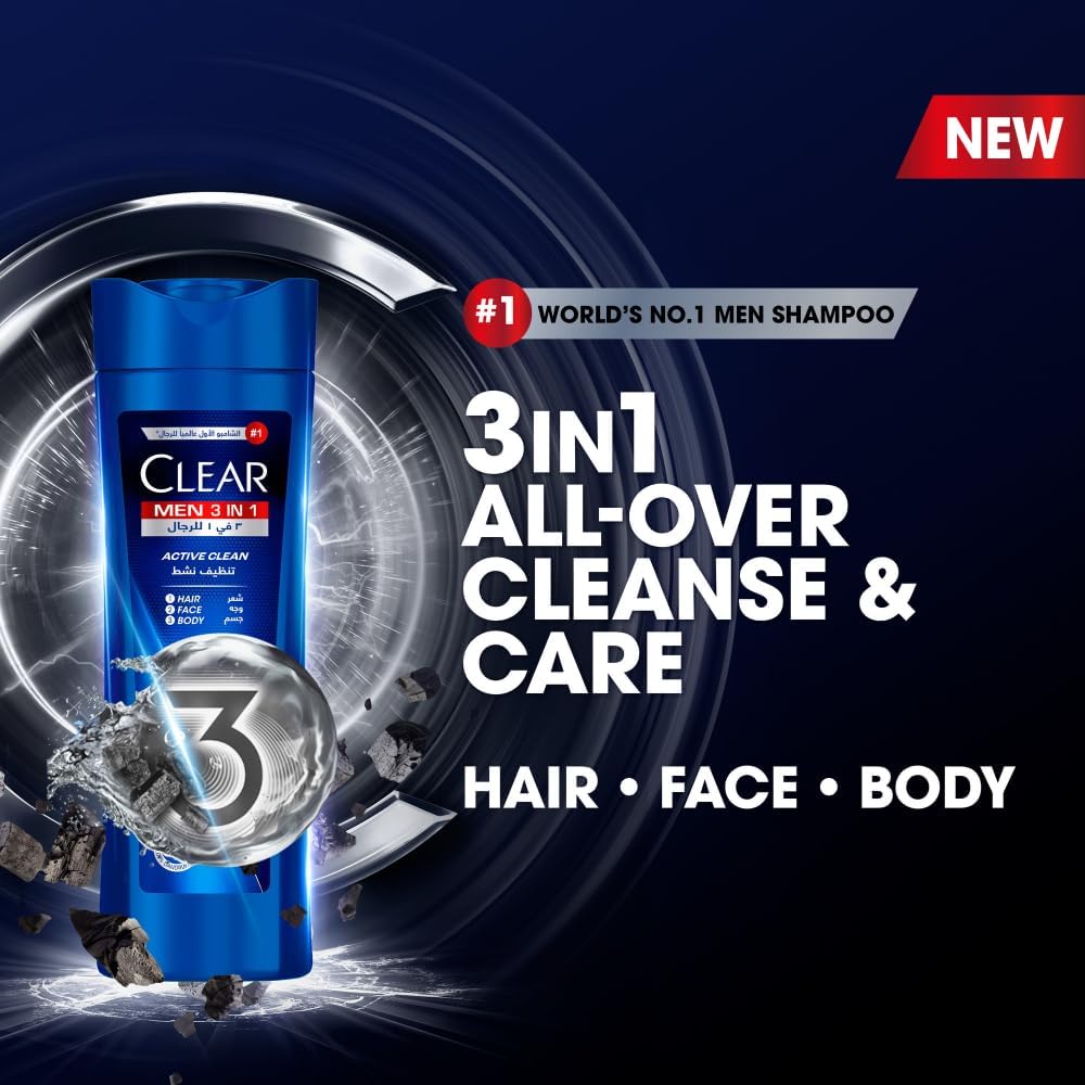 Clear Men 3-in-1 Active Clean Shampoo for Hair, Face & Body | 400ml