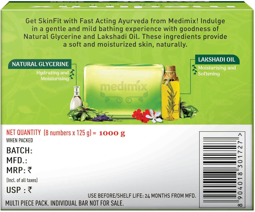 Medimix Ayurvedic Natural Glycerine & Lakshadi Oil Bathing Bar - 125g (Pack of 8)
