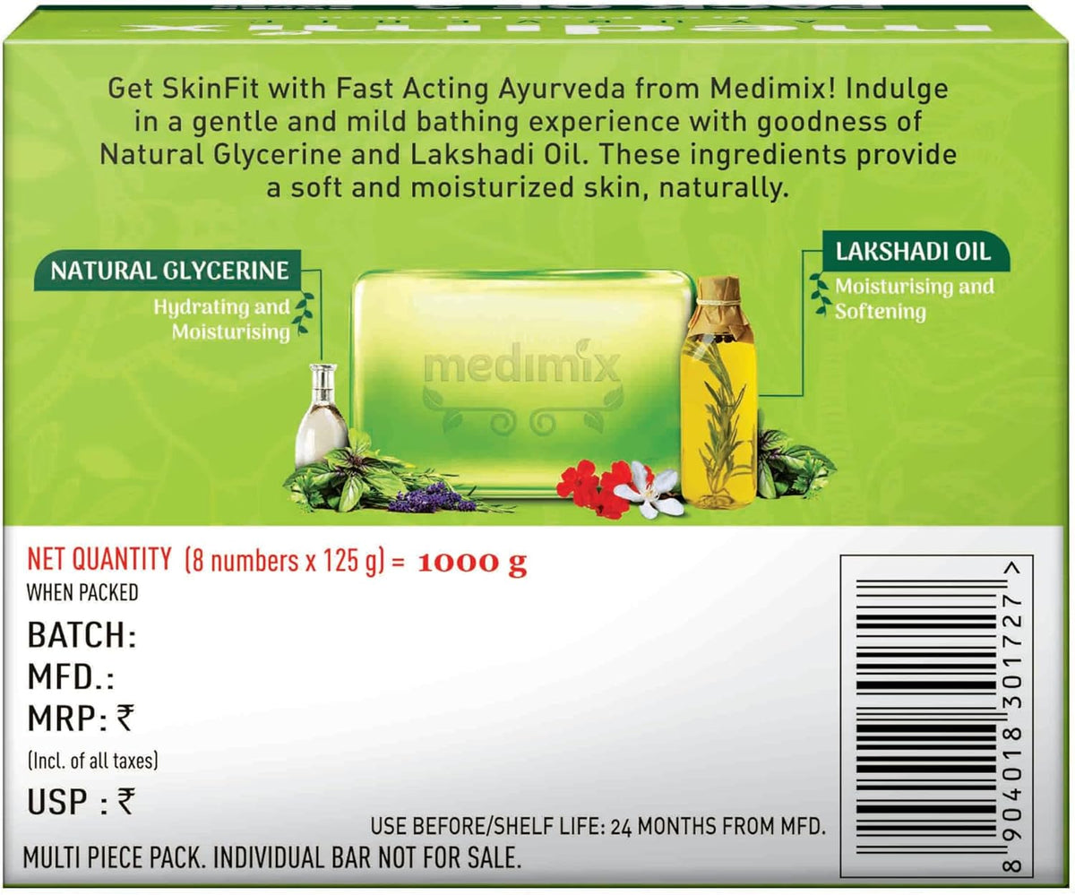 Medimix Ayurvedic Natural Glycerine & Lakshadi Oil Bathing Bar - 125g (Pack of 8)