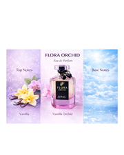 Flora Orchid Eau de Parfum with floral and cloud-themed graphics on a white background