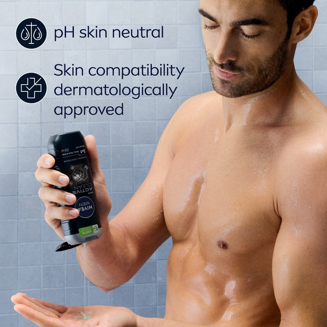 Nivea Men Active Clean 3in1 Shower Gel Cleans Body Face and Hair with Active Charcoal, 250 ml