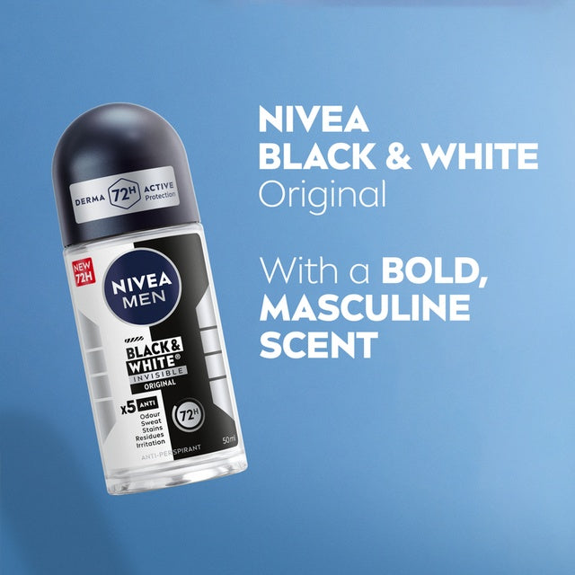 Nivea Men Black & White Invisible Antiperspirant Roll-On Deodorant Original 72H Active Protection 50 ml