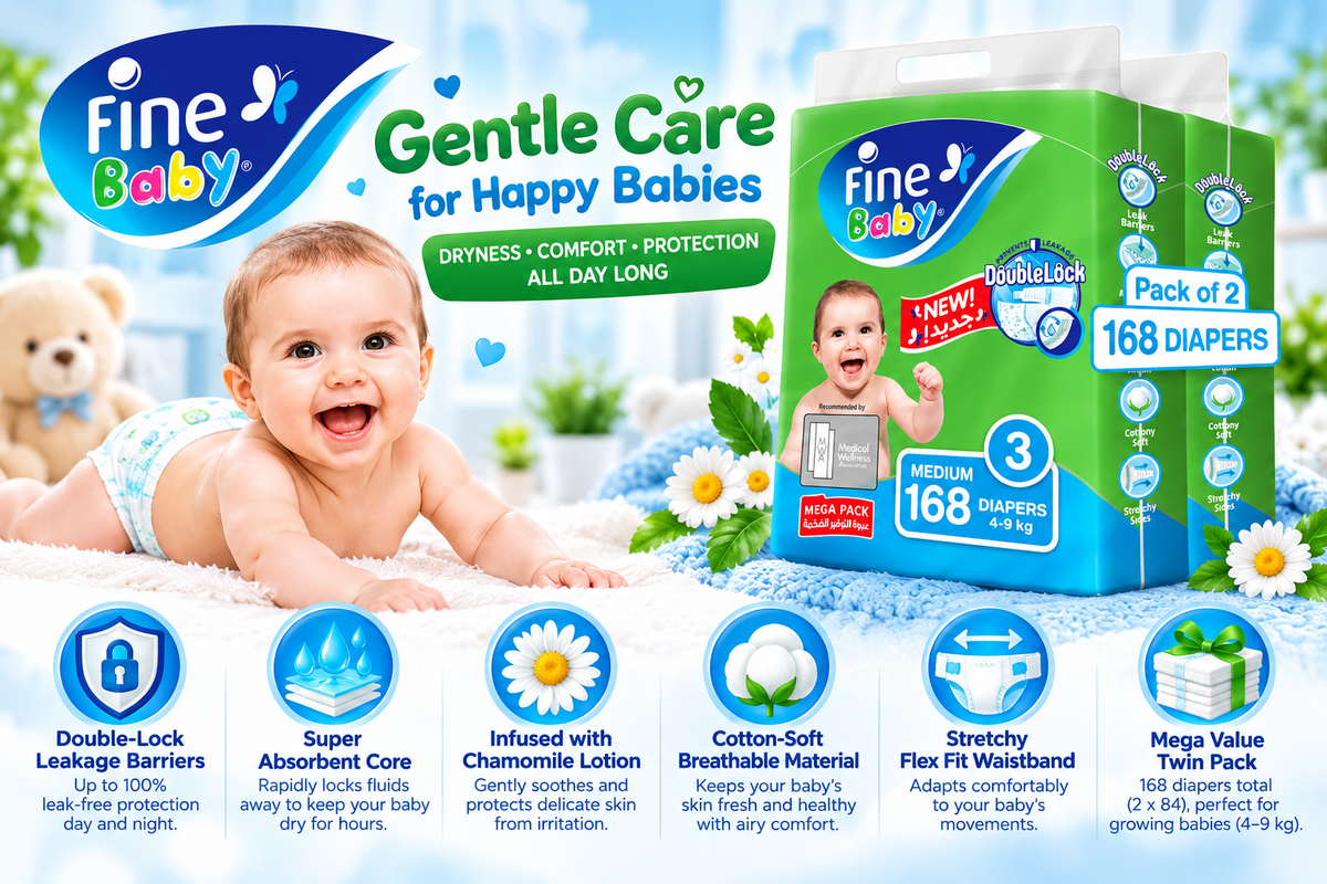 Fine Baby Diapers Size 3 Medium (4-9 kg) | Mega Value Pack (2 x 84 Count / 168 Diapers)